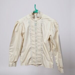 Rhapsody Womens Cream Lace Trim Mock Neck Puff Sleeve Blouse Top Made in‎ USA